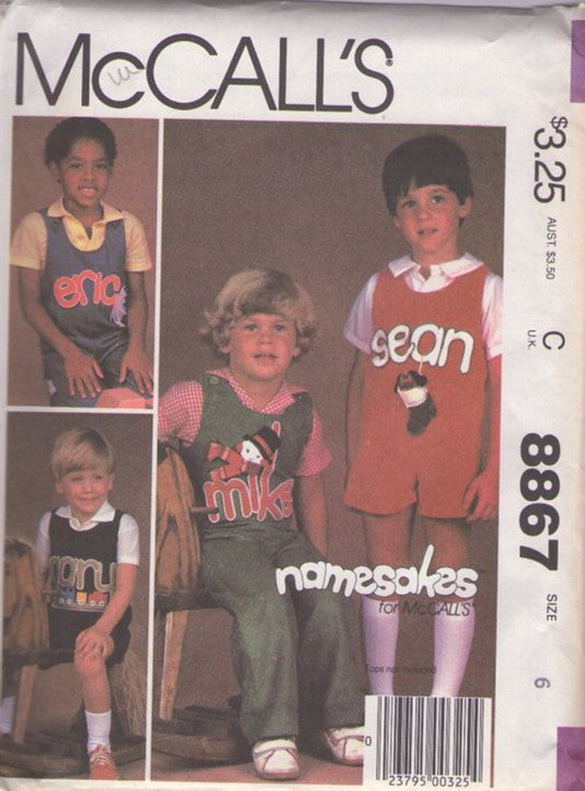 McCall's 8867 Vintage 80's Sewing Pattern Boys' Jumpsuits, Namesakes Name Monogram Appliques Personalized Romper, Jumpsuit Set Size 6