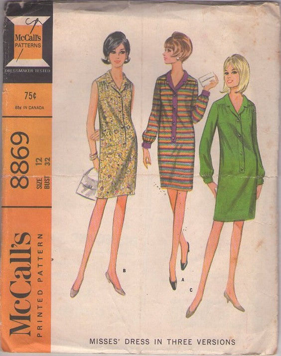 McCall's 8869 Vintage 60's Sewing Pattern Mod Secretary Dress, Step In, Front Button Band Summer Sheath, 3 Styles Size 12