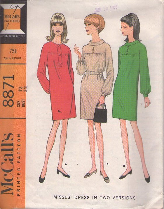 McCall's 8871 Vintage 60's Sewing Pattern Mod Dress, Button Trimmed, Slim Straight Fit, Day Dress 2 Styles Size 12