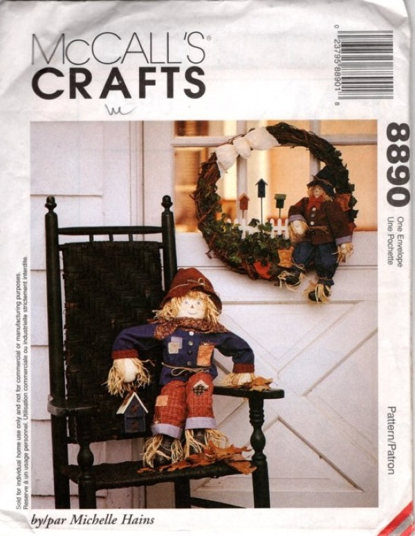 McCall's 8890 Vintage 90's Sewing Pattern Fall Holiday Halloween Scarecrow Doll, Door Wreath OZ