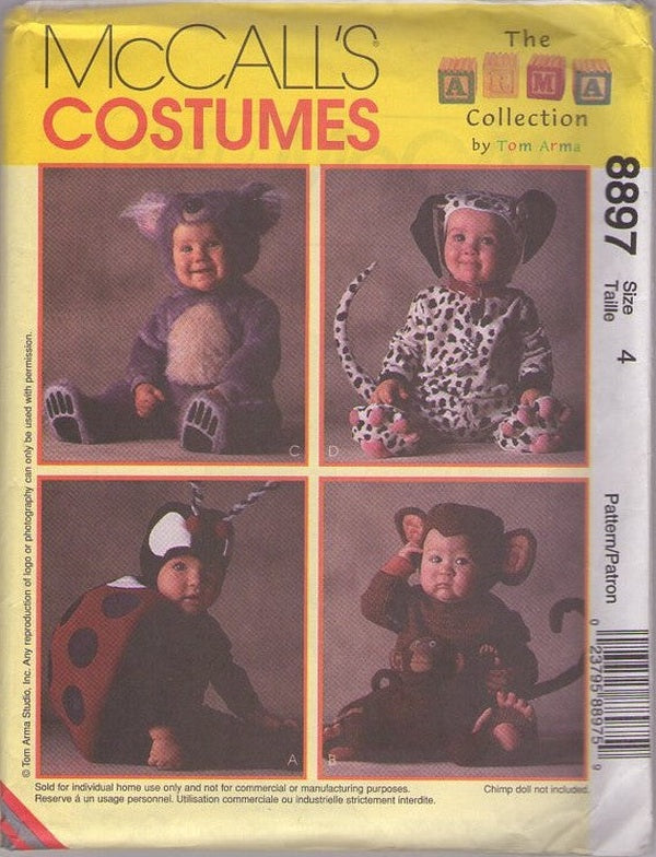 McCall's 8897 Retro 90's Sewing Pattern Animal Costumes, Designer Tom Arma Collection Toddler Baby Halloween Costumes, Koala Bear, Dalmatian Dog, Ladybug, Chimp Monkey Size 4