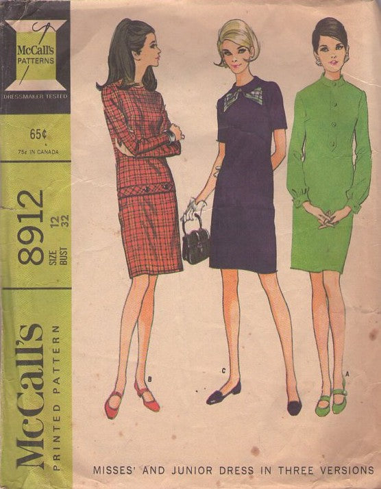 McCall's 8912 Vintage 60's Sewing Pattern Mod Dresses, Twiggy Secretary Dress, 3 Styles, Drop Waist, Button Band, Collared & Scarf Size 12