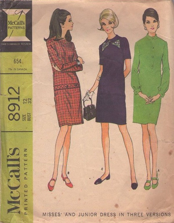 McCall's 8912 Vintage 60's Sewing Pattern Mod Dresses, Twiggy Secretary Dress, 3 Styles, Drop Waist, Button Band, Collared & Scarf Size 12