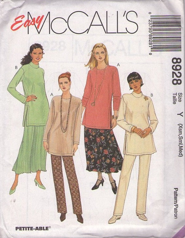 McCall's 8928 Retro 90's Sewing Pattern Easy Modest Tunic Top, Midi Skirt, Pants, Separates Size L-XL