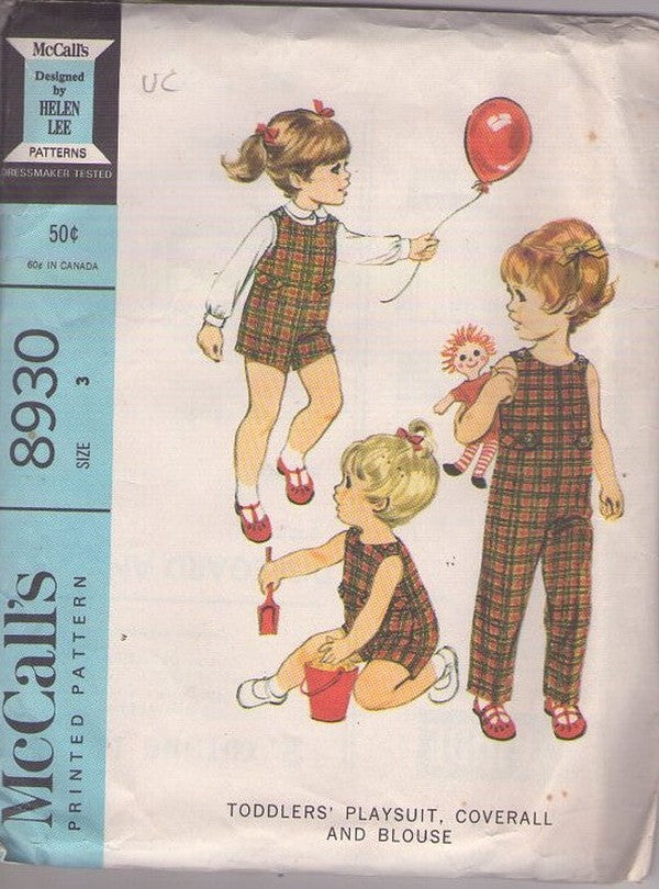 McCall's 8930 Vintage 60's Sewing Pattern Toddler Sunsuit, Romper, Coveralls, Overalls, Playsuit, Blouse Size 3