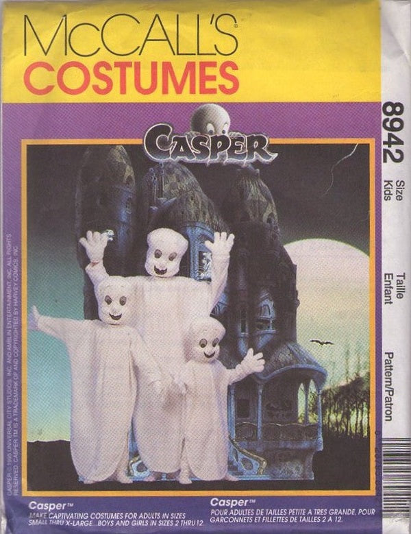 McCall's 8942 Retro 90's Sewing Pattern Haunted Ghost Costumes, Casper the Friendly Cartoon Ghost Costume Gown, Face Mask Hood, Gloves Size 2-4