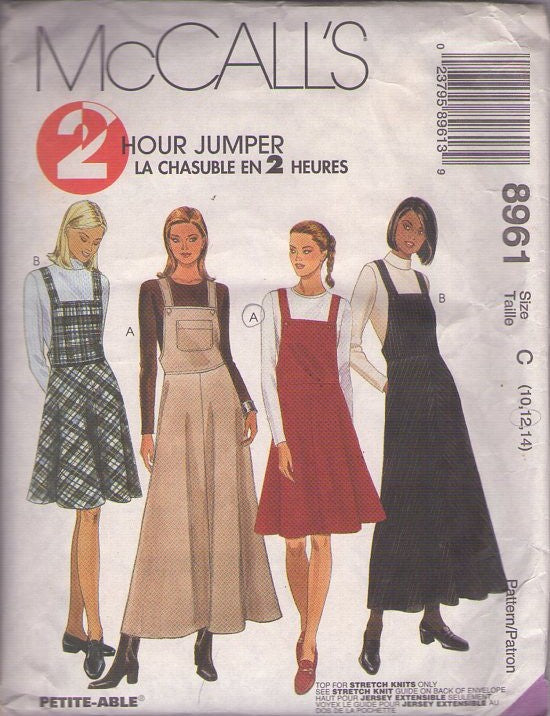 McCall's 8961 Retro 90's Sewing Pattern 2 Hour Jumper, Tshirt Top, Easy School Teacher Bib Overalls Dress, 4 Styles Size 10-12