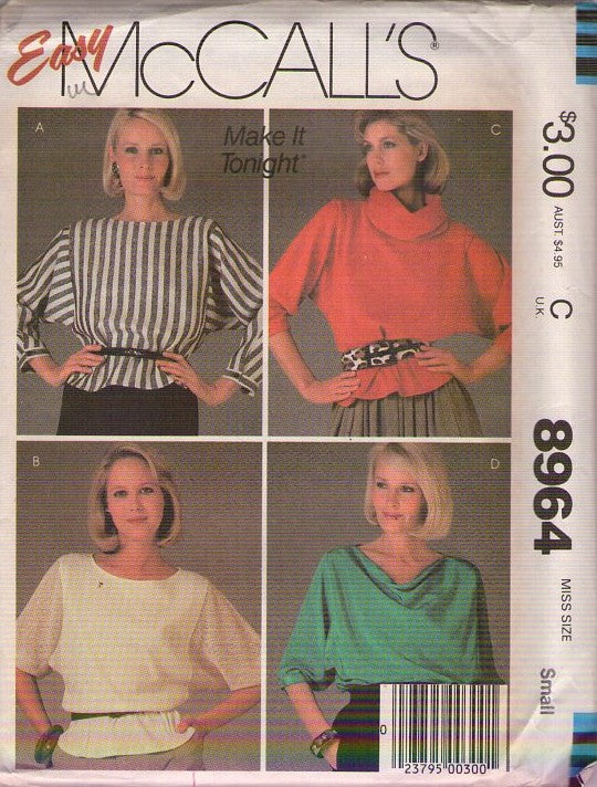 McCall's 8964 Vintage 80's Sewing Pattern New Wave Blouse Set, Easy Make it Tonight, Cowl, Bateau, Batwing, 4 Styles Size S