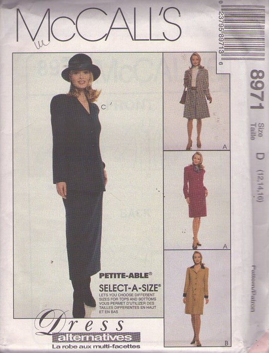 McCall's 8971 Retro 90's Sewing Pattern Dress Alternatives, Career Coatdress, Dress, Jacket, Skirt Size 12-16