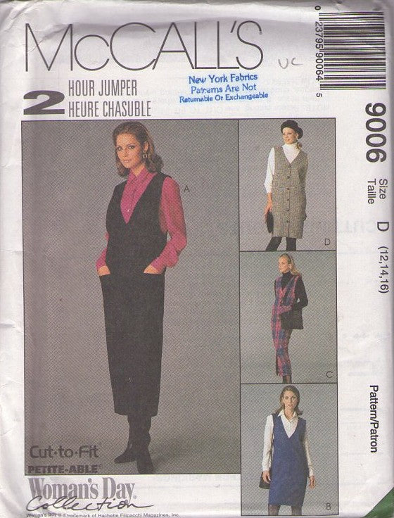 McCall's 9006 Retro 90's Sewing Pattern Easy 2 Hour Jumper, Dress, Deep V Neck, Button Front, Blouse, Women's Day Collection Size 12-16