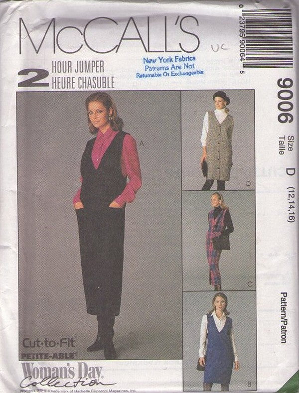 McCall's 9006 Retro 90's Sewing Pattern Easy 2 Hour Jumper, Dress, Deep V Neck, Button Front, Blouse, Women's Day Collection Size 12-16