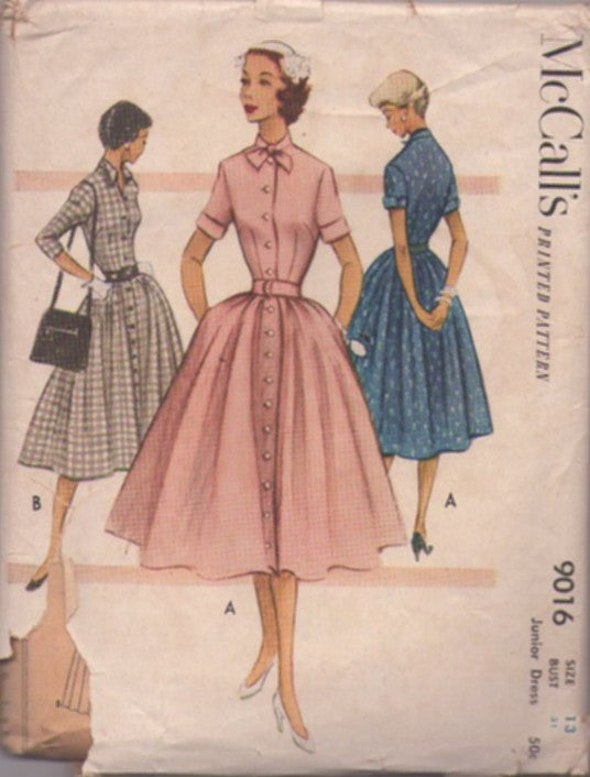 McCall's 9016 Vintage 50's Sewing Pattern Petite Day Dress, Full Flared Front Buttoned Coat Dress, Collar, Sleeve, Pockets Options Size 13