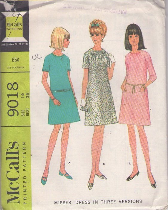 McCall's 9018 Vintage 60's Sewing Pattern Mod Dress Set, Shirred Neckline, Raglan Sleeves, A-Line, 3 Styles Size 16