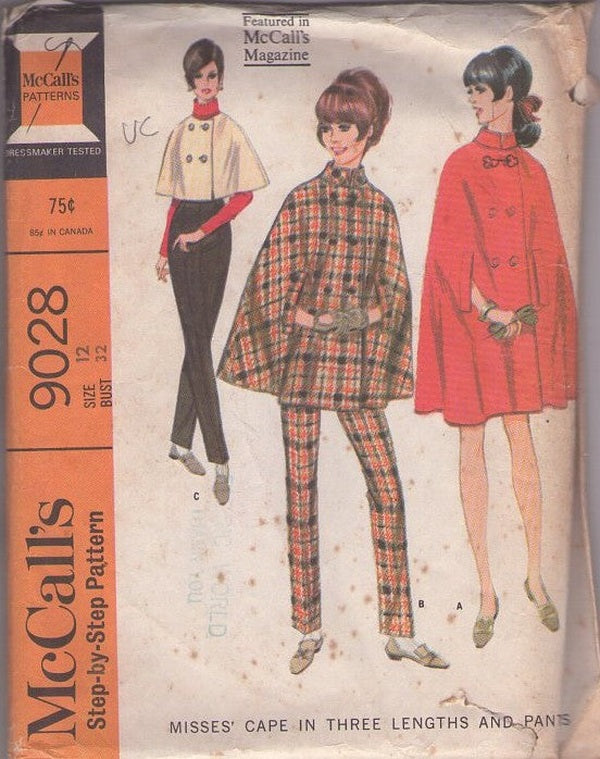 McCall's 9028 Vintage 60's Sewing Pattern Mod Cape, Arm Slits Poncho, 3 Lengths, Pants, Space Age Size 12