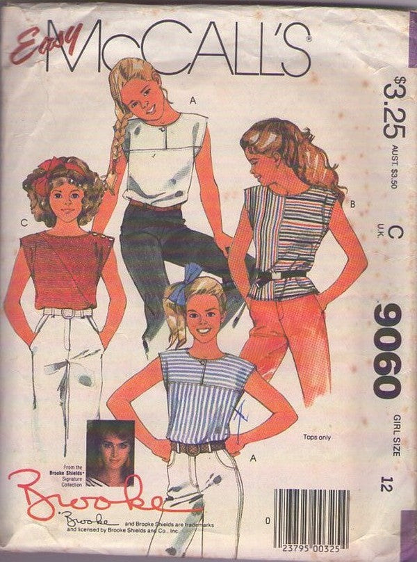 McCall's 9060 Vintage 80's Sewing Pattern Girls' Easy Summer Tops, Cap Sleeve Shirt Set, Brooke Shields, Size 12