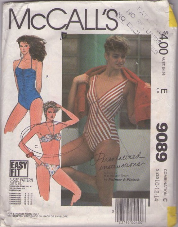 McCall's 9089 Vintage 80's Sewing Pattern Easy Swimsuits, 3 Size Summer Bathing Suit, Swimsuit, Bikini Top, Bottoms, Halter Top & Surplice Wrap One Piece Size 10 CUT