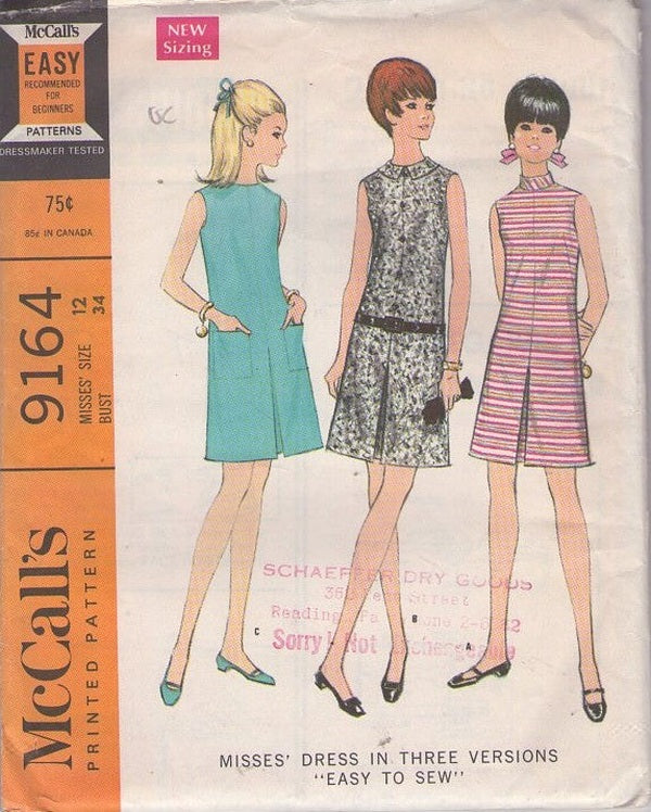 McCall's 9164 Vintage 60's Sewing Pattern Mod Summer Dress Set, Pleated Split Skirt Look, 3 Easy Styles Size 12