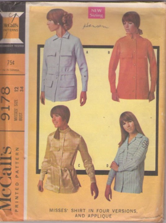 McCall's 9178 Vintage 60's Sewing Pattern Mod Shirt, Dr. Evil, Safari Pockets, Applique Blouse, 4 Styles Size 12