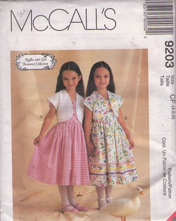 McCall's 9203 Vintage 90's Sewing Pattern Girl's Summer Dress, Cropped Jacket, Ruffles & Lace Treasured Collection, Size 4-6