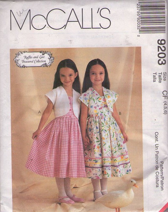 McCall's 9203 Vintage 90's Sewing Pattern Girl's Summer Dress, Cropped Jacket, Ruffles & Lace Treasured Collection, Size 4-6