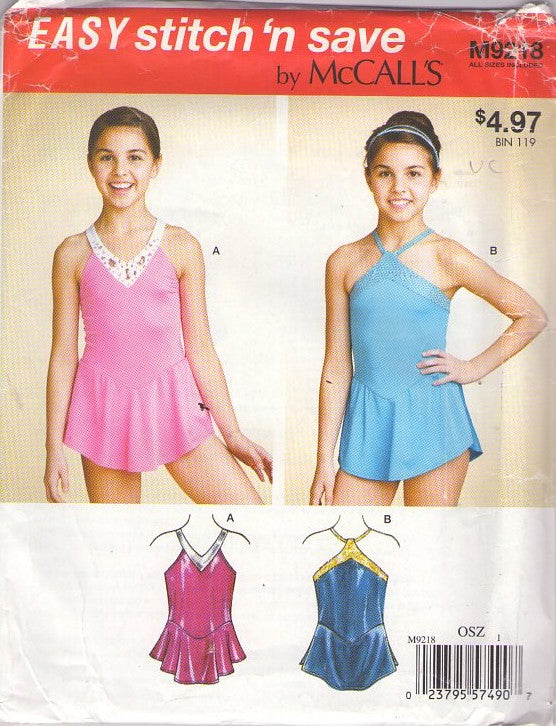 McCall's 9218 Retro 2015 Sewing Pattern Girls' Leotards, Easy Stitch N Save Dance, Gymnastics, Skating Skirted Leotard Set 2 Styles Size 7-14