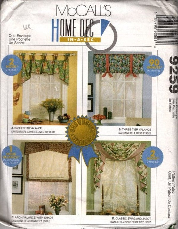 McCall's 9259 Vintage 90's Sewing Pattern Home Dec In A Sec, Window Treatments, Curtains and Valances OZ