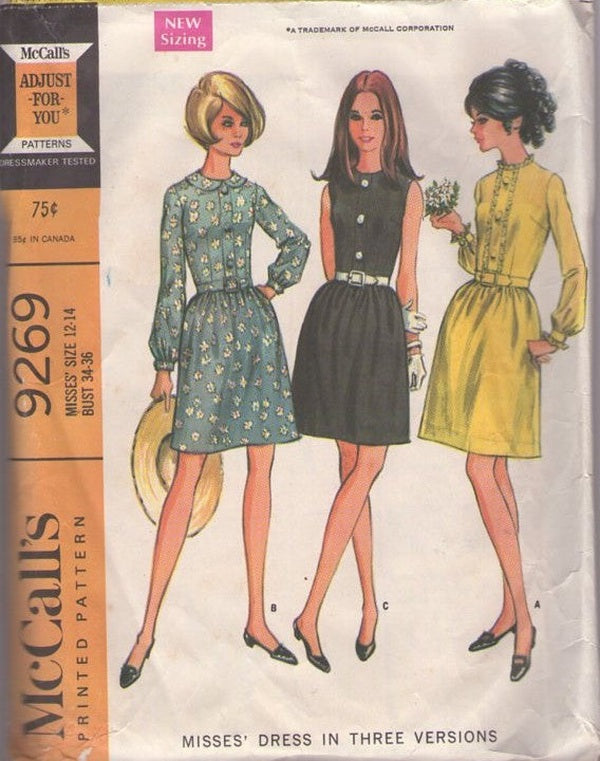 McCall's 9269 Vintage 60's Sewing Pattern Mod Dress, Secretary, Button Trim Front, Gathered Bell Shaped Skirt Day Dress, 3 Styles Size 8-10