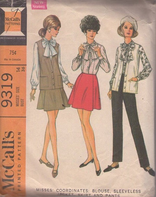 McCall's 9319 Vintage 60's Sewing Pattern Mod Separates, That Girl Styles, Pussycat Bow, Tie Collar, Modest Blouse, Cardigan Vest Jacket, Flared Mini Skirt & Slacks Size 14