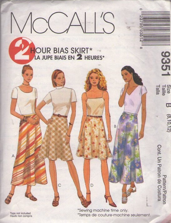 McCall's 9351 Retro 90's Sewing Pattern Easy 2 Hour Skirt Set, Bias Short or Midi Flared Skirts Size 8-10