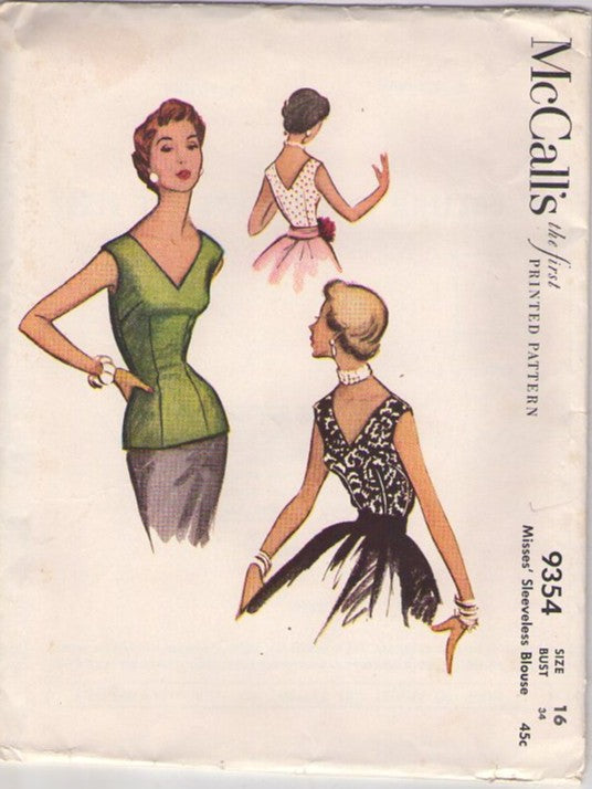 McCall's 9354 Vintage 50's Sewing Pattern Cocktail Blouse, Fancy V Neck, Fitted Blouse, Top Set Size 16