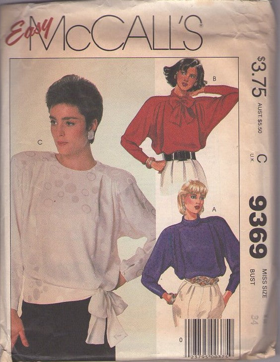 McCall's 9369 Vintage 80's Sewing Pattern Easy Blouses, Office Secretary Fancy Slinky Batwing Blouse Set, Pleats, Bows 3 Styles Size 12