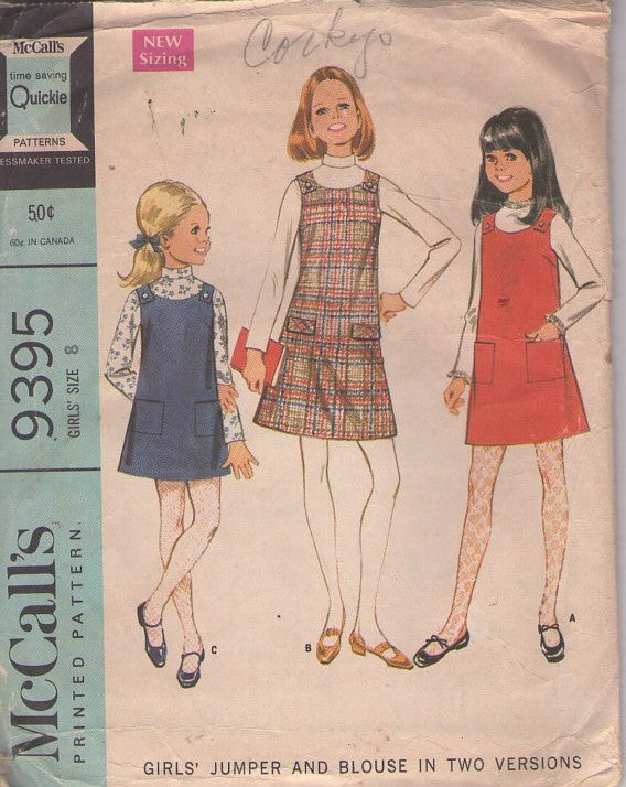 McCall's 9395 Vintage 60's Sewing Pattern Girls' Jumper Set, Brady Bunch Shoulder Buttoned Jumper Dress, Back Zip Collared Blouse Top Size 8
