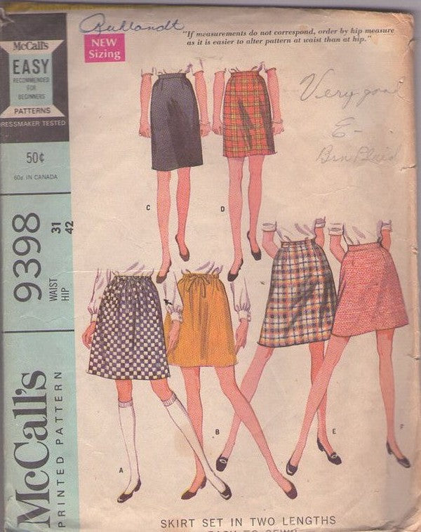 McCall's 9398 Vintage 60's Sewing Pattern Day Skirts, Above Knee, Classic Secretary Skirt Set 6 Styles Waist 31