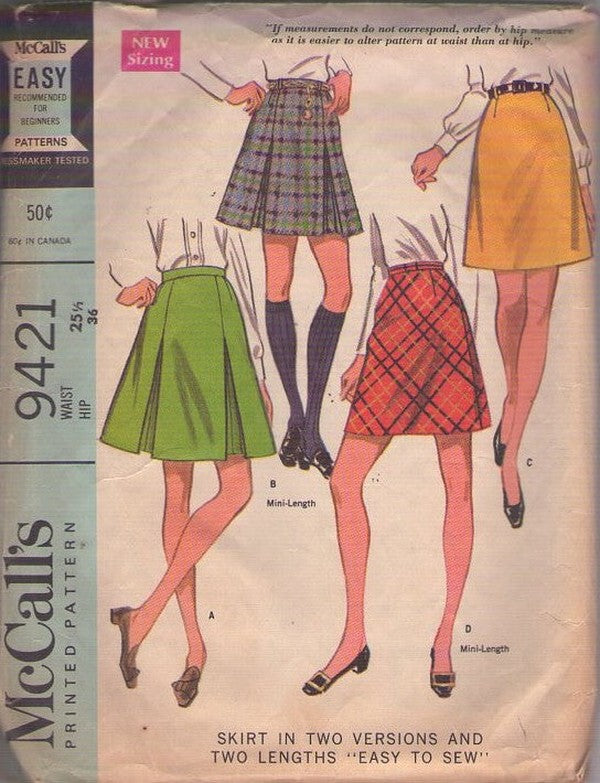 McCall's 9421 Vintage 60's Sewing Pattern Easy Mod Skirt Set, Pleated School Kilt, A-Line, Mini, 2 Styles Size 25.5" M