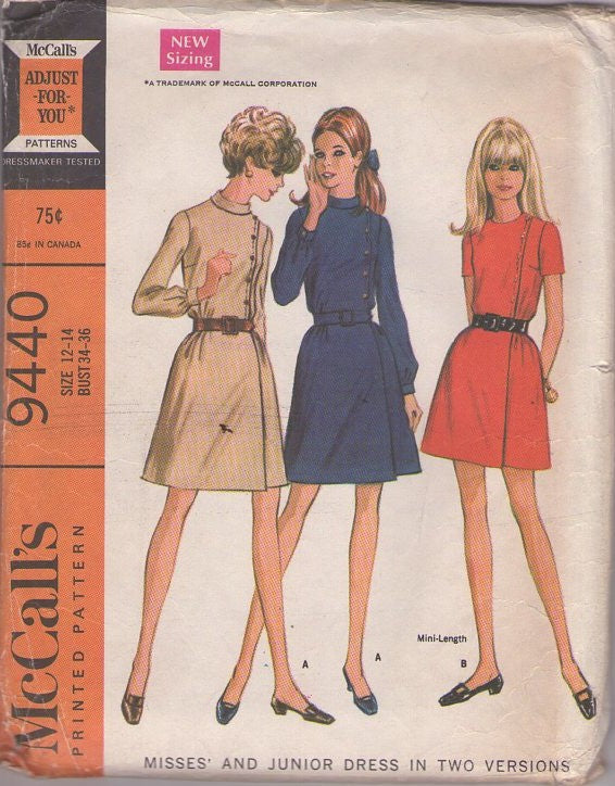 McCall's 9440 Vintage 60's Sewing Pattern Mod Dress Set, Space Age Secretary Mock Wrap & Mock Button Back Zippered Dress Trio Size 12-14