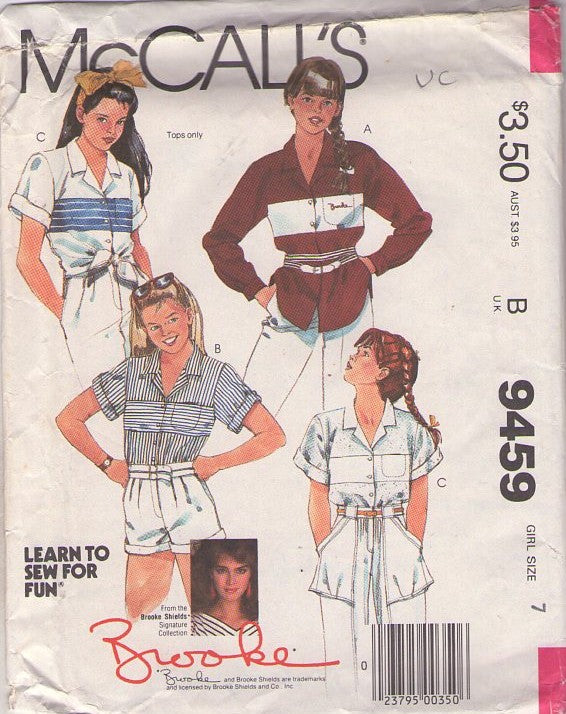 McCall's 9459 Vintage 80's Sewing Pattern Girls' Blouses, Brooke Shields, New Wave, Contrast Band, Oversized Shirt, Top, Iron On Size 7