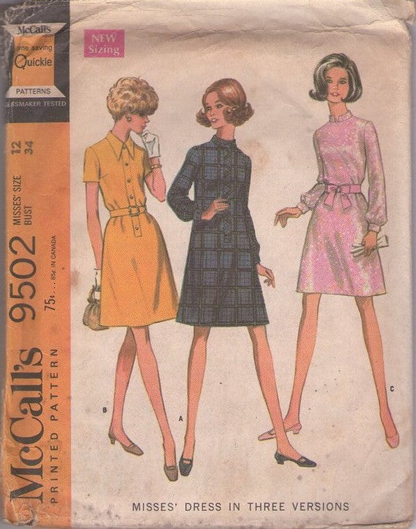 McCall's 9502 Vintage 60's Sewing Pattern Mod Dress Set, Versatile Day to Night Styles, Band Trim Casual, Flared, Nehru Collar Cocktail Party Size 12