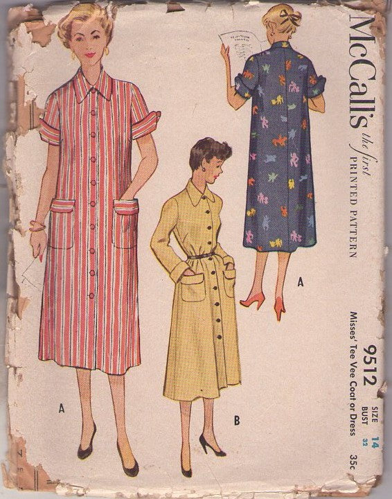 McCall's 9512 Vintage 50's Sewing Pattern Tee Vee Coat, Lucy Coatdress, Duster House Coat, Dress Size 14