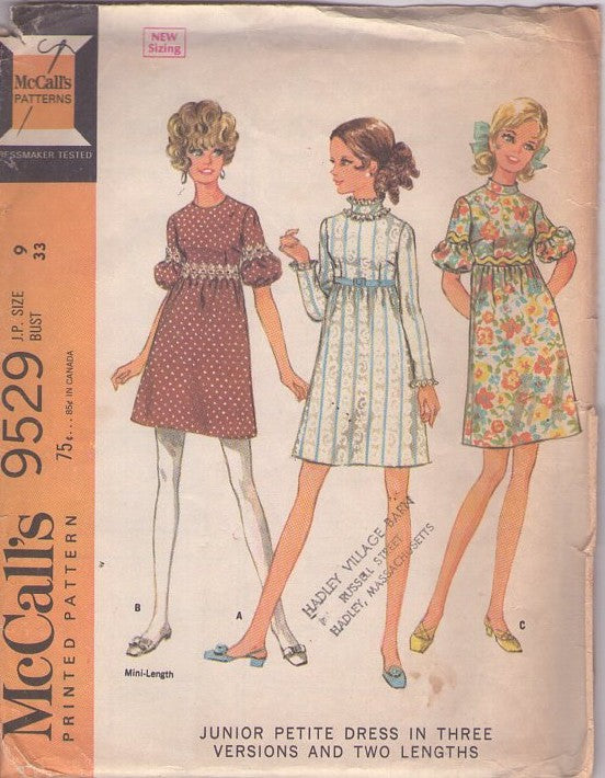 McCall's 9529 Vintage 60's Sewing Pattern Twiggy Dresses, Mod UNIQUE Puff Ball Sleeve High Waist Party Dress Set 3 Styles Size 9