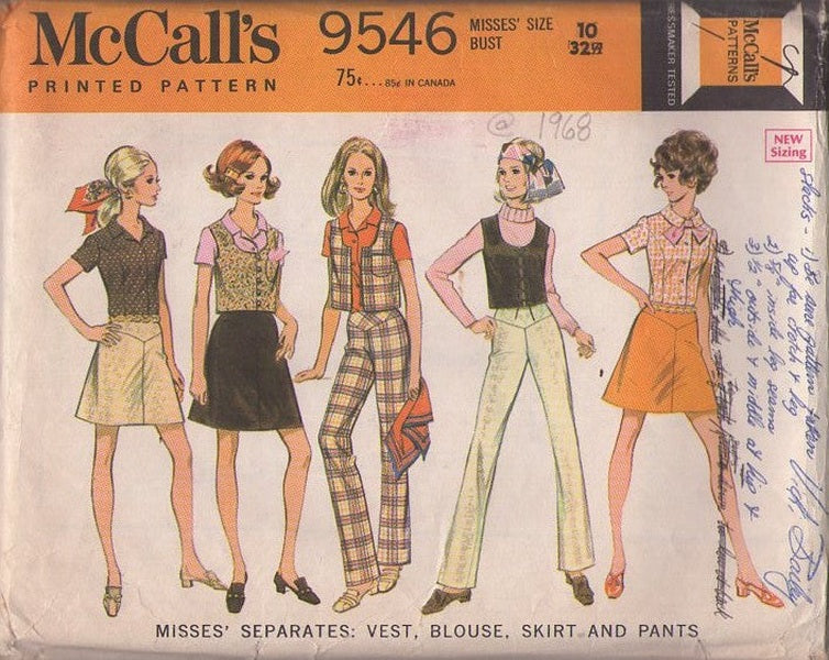McCall's 9546 Vintage 60's Sewing Pattern Pants Set, Y Yoked Mod Mini Skirt, Pants, Trousers, Jeans, Vest Jacket & Blouse Size 10
