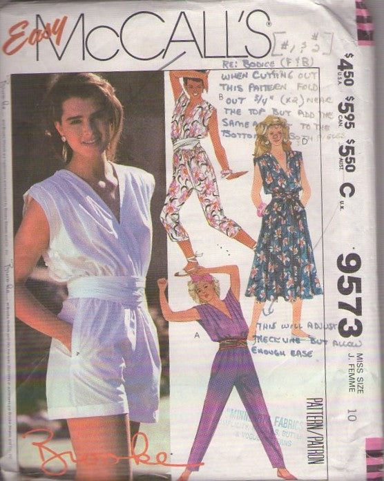 McCall's 9573 Vintage 80's Sewing Pattern Easy Romper, Jumpsuit, Summer Dress, Brooke Shields New Wave Size 10
