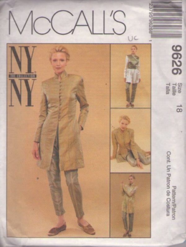 McCall's 9626 Retro 90's Sewing Pattern NY The Collection Chic Tunic Coat, Slim Pants, Pantsuit, Nehru Collar Jacket, Blouse Size 18