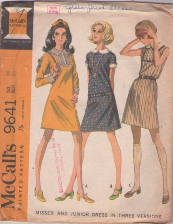 McCall's 9641 Vintage 60's Sewing Pattern Mod Dress, Twiggy, Mia Farrow Styles, Fit & Flared, Collar, Lace Trim 3 Styles Size 13