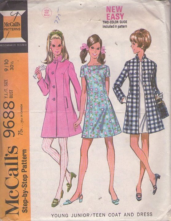 McCall's 9688 Vintage 60's Sewing Pattern Mod Dress & Coat Ensemble, Square Neck, Princess Seams Dress & Jacket Size 9/10