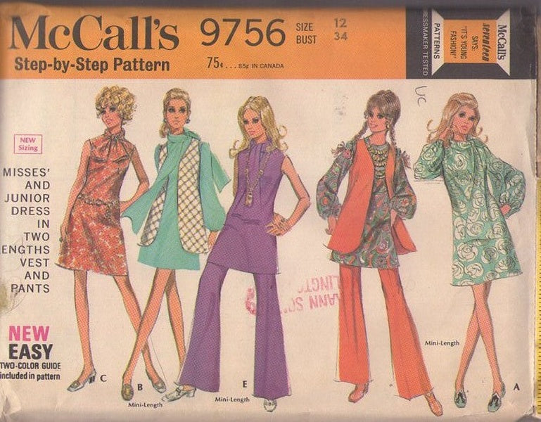 McCall's 9756 Vintage 60's Sewing Pattern Mod Separates, Fit & Flared Secretary Day Dress, Long Hippie Vest, Belled Trousers Size 12