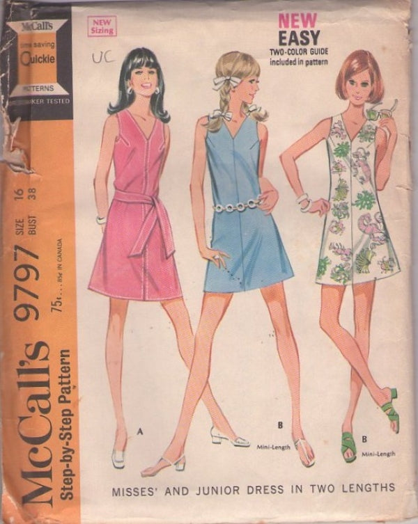 McCall's 9797 Vintage 60's Sewing Pattern Easy Mod Summer V Neck Mini Dress Set, Front Seam Detail 2 Styles Size 16