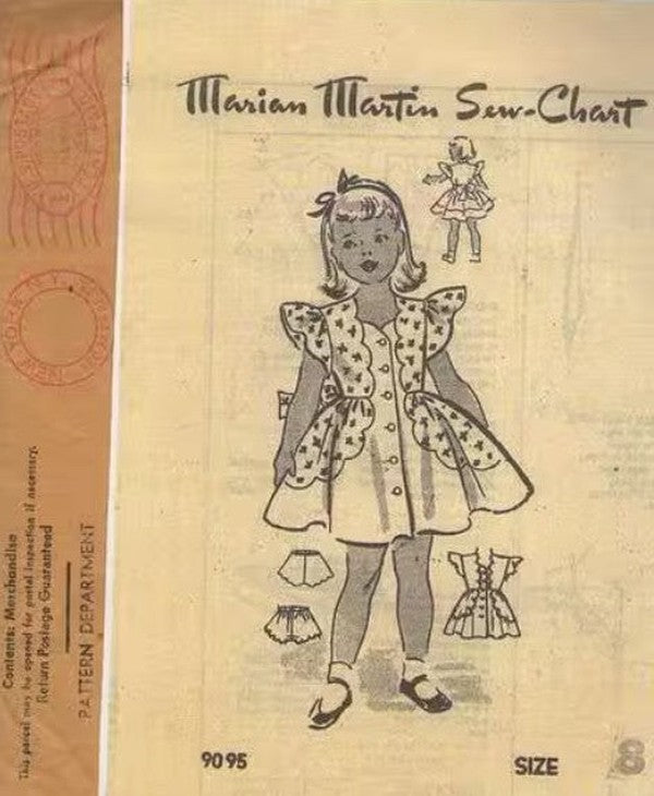 Mail Order 9095 Vintage 50's Sewing Pattern Girls' Dress, Marian Martin, Contrast Scalloped Sides, Front Buttoned Coat Dress, Bloomers Panties Shorts Size 8