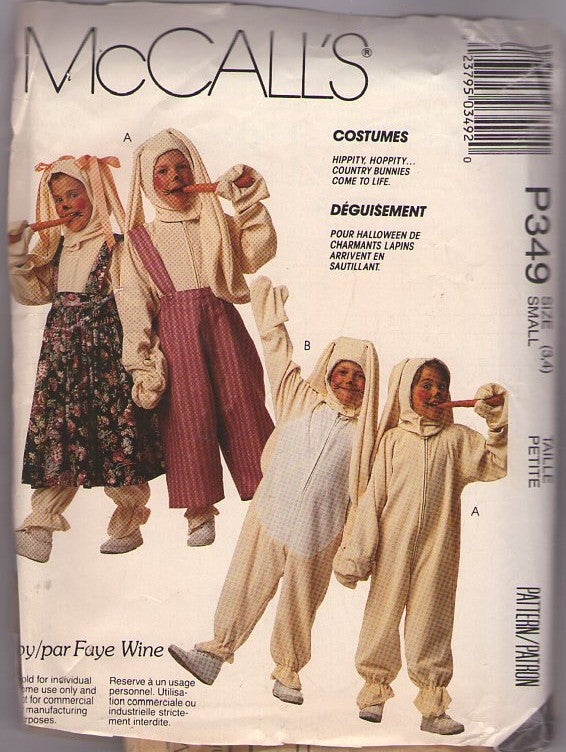 McCall's 5652 P349 Retro 90's Sewing Pattern Easter Costumes, Hippity Hoppity Children Country Bunnies Easter Halloween Costumes by Faye Wine Size 5,6