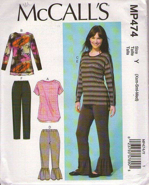 McCall's 7295/P474 Retro 2015 Sewing Pattern Pullover Knit Tshirt, Top, Shirt Set, Leggings, Ruffle Hem Pants Size XS-M
