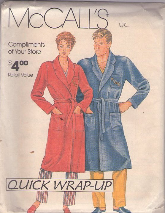 McCall's 0011 Vintage 80's Sewing Pattern Bathrobes, Easy Quick Wrap Up Mens' and Ladies' Notched Collar Wrap Bathrobe With Pockets, All Sizes S-XL